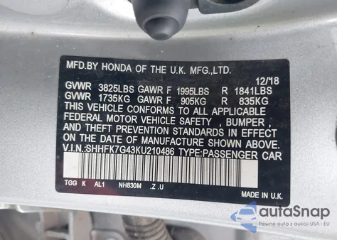 2019 Honda Civic Sport z USA, uszkodzony, nr VIN SHHFK7G43KU210486